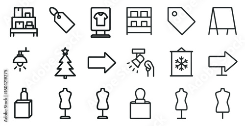 Retail and shopping linear icons set – outline, merchandising, store design elements