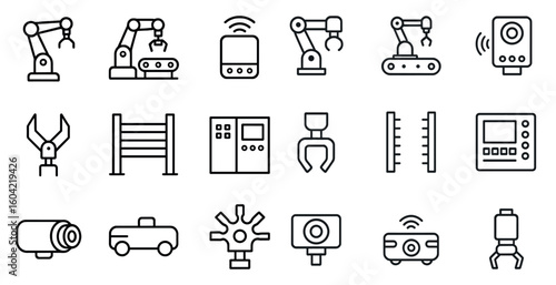 Automation and robotics outline icons set – linear, tech, industry symbols