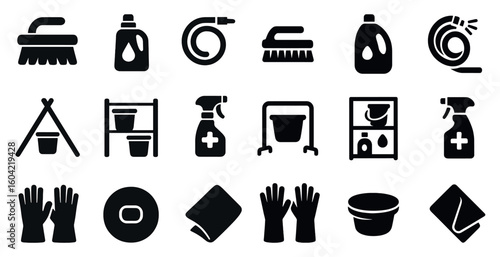 Cleaning and hygiene solid icons set – silhouette, filled, sanitization symbols