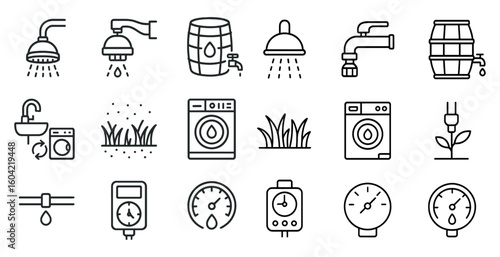 Water and utility outline icons set – line, flat, plumbing and equipment symbols