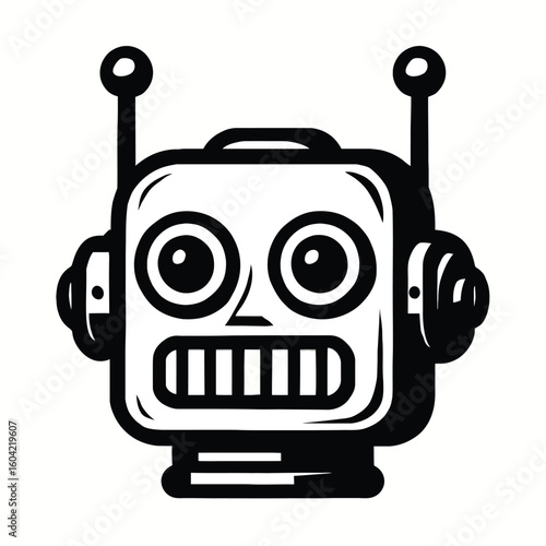 Robot Head Icon - Black and White Vector Illustration for AI, Robotics, and Future Technology