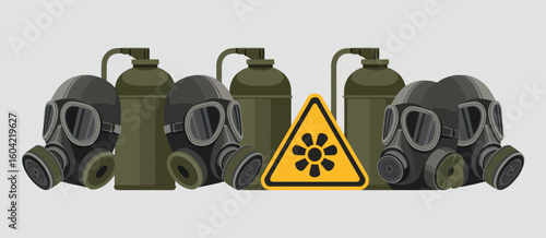 Gas masks and chemical hazard warning symbol against a neutral background