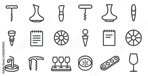 Wine and bar outline icons set – linear, silhouette, drinkware and corkscrew symbols