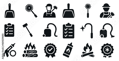 Cleaning and maintenance solid icons set – flat, filled, household and tools symbols