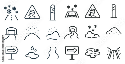 Weather and safety icons set – outline, linear, hazard and warning symbols