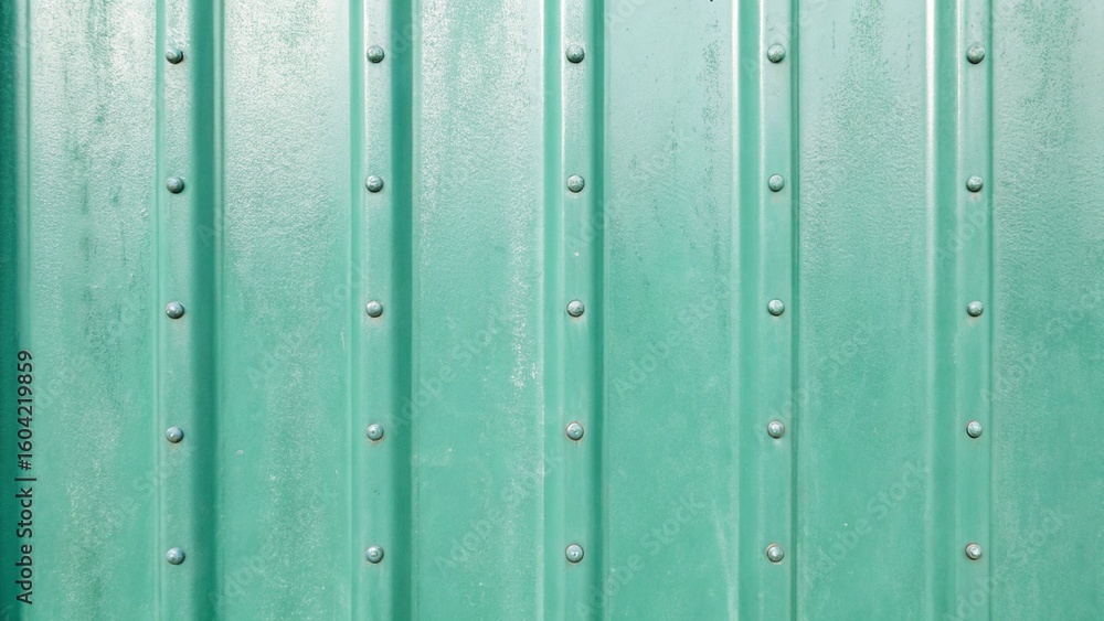 Fototapeta premium A vibrant green metal wall with rivets presents a textured and industrial background for design