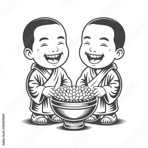 Two happy young monks sharing a bowl of flowers children smiling