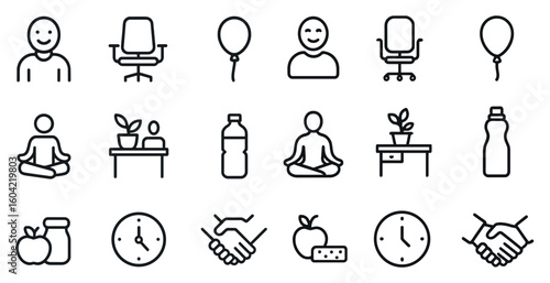 Office and wellness outline icons set – linear, productivity, workplace design symbols