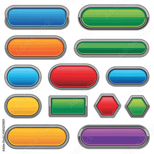 Collection of various colored glossy buttons with metallic frames