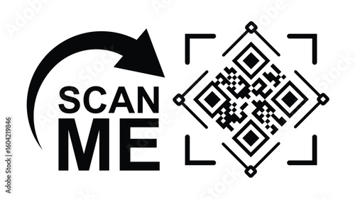 Minimalist black and white graphic design with bold 'SCAN ME' text, curved arrow, and hollow rectangles creating a QR code scan effect. Clean lines, symmetrical composition. Ideal for apps, websites,