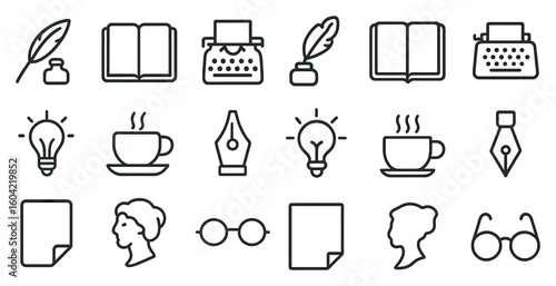 Writing and blogging linear icons set – outline, flat, author and content creation symbols