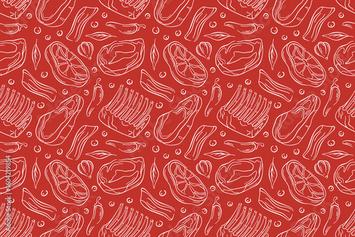 Seamless pattern with meat cut, bacon, ribs, steak, chili pepper garlic, onion and herb leaf in line art style on red background. Perfect for butcher shop package, grocery and culinary book.