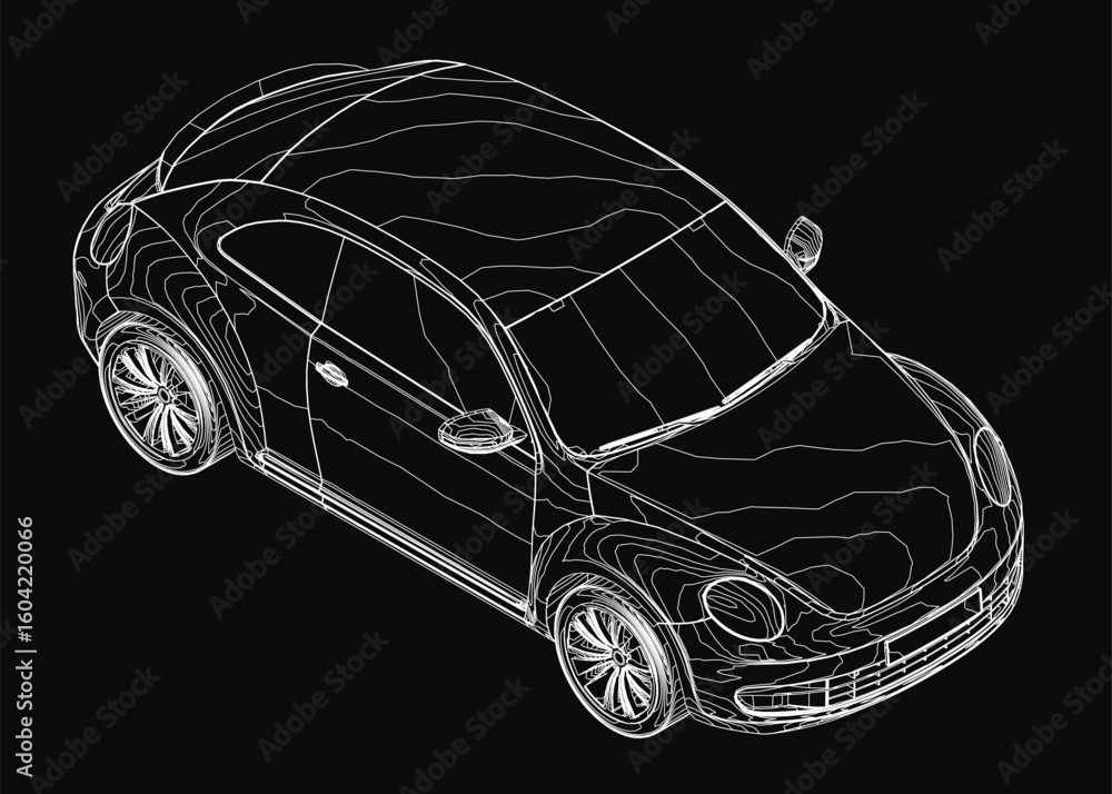 Naklejka premium A 3D wireframe model of a car stands out against a black background, showcasing its iconic contour. The detailed rendering highlights the car's classic shape with precision. Isometric view