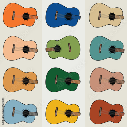 Colorful acoustic guitars arranged in a grid pattern