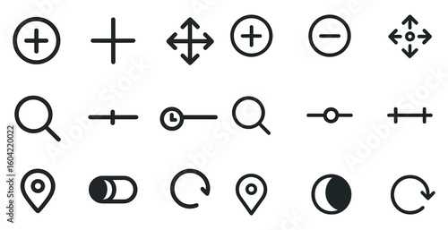 Navigation and search line icons set – outline, direction, map and locator symbols
