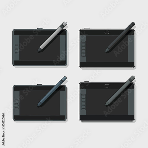 Four digital drawing tablets with stylus pens on a light gray background