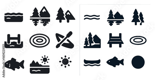 Nature and outdoors icons set – silhouette, solid, camping and adventure symbols