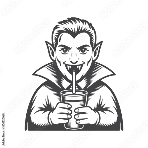 Vampire drinking from a cup with a straw fangs