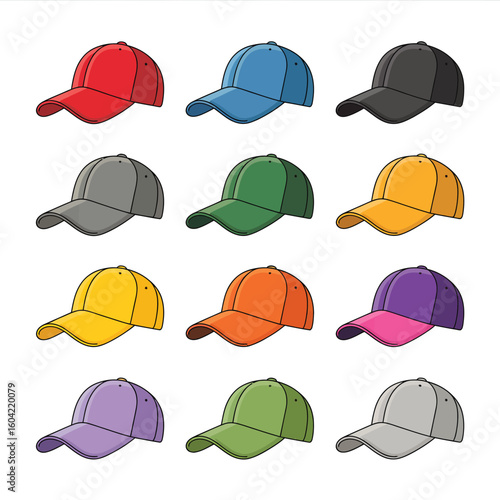 Collection of colorful baseball caps and hats in a grid pattern