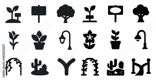 Gardening silhouette icons set – solid, filled, plant and nature symbols