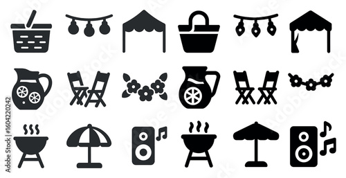 Outdoor and picnic filled icons set – silhouette, solid, leisure and garden symbols
