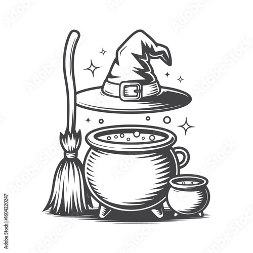 Witch hat cauldron broomstick bubbling potion vector