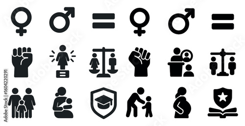 Gender equality solid icons set – filled, feminist and diversity symbols