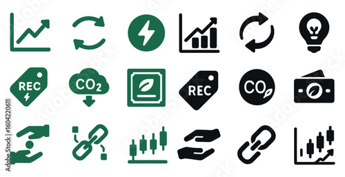 Sustainability and eco-friendly solid icons set – recycling, renewable energy symbols