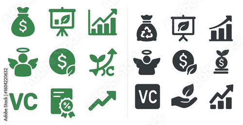 Eco-friendly finance icons set – solid, money, sustainability symbols for green investments
