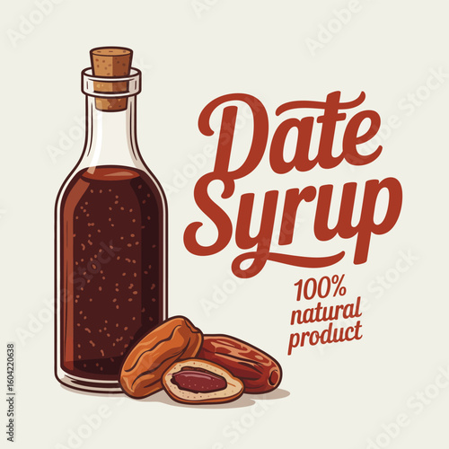 Bottle of date syrup with fresh dates and text