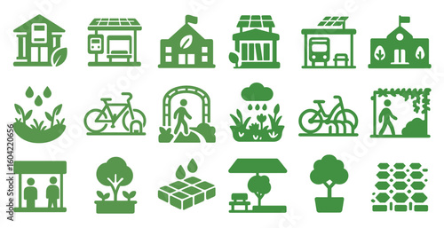 Eco-friendly solid icons set – sustainable, nature, green living symbols