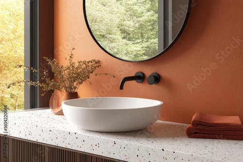 Terrazzo vanity with a white oval sink and black wall-mounted faucet, paired with an ellipse mirror on a terracotta wall. Minimalist interior design of a modern bathroom, Generative AI