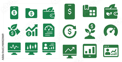 Finance and business solid icons set – investment, growth, money symbols