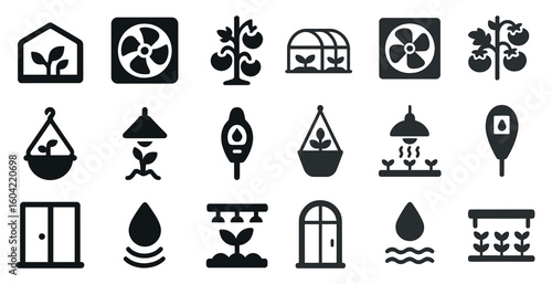Gardening and agriculture solid icons set – filled, greenhouse, farming symbols