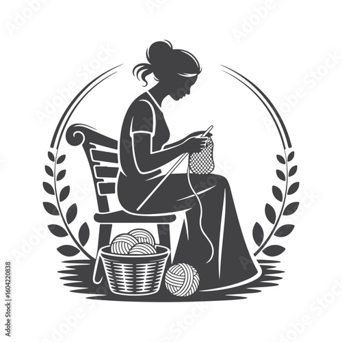 Woman knitting seated with yarn basket and laurel wreath needles