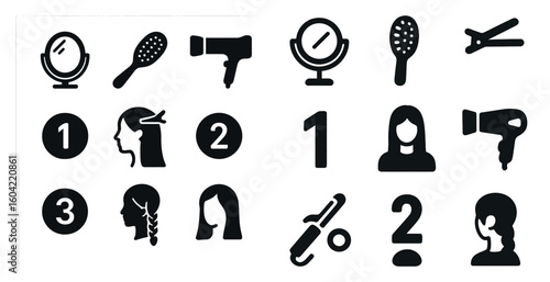 Hair salon silhouette icons set – solid, filled, beauty and styling symbols