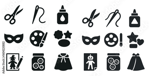 Arts and crafts silhouette icons set – diy, hobby, creative tools collection