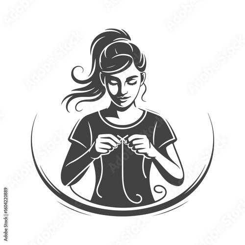 Woman knitting with yarn and needles craft