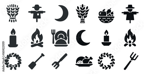 Harvest and farm silhouette icons set – solid, autumn, agriculture design