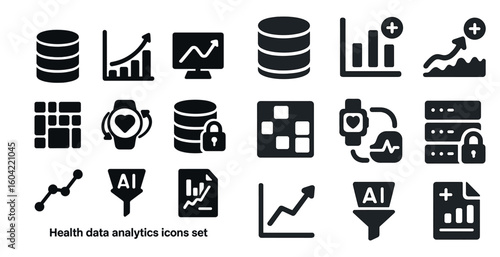 Health data analytics icons set – solid, filled, medical statistics and ai symbols