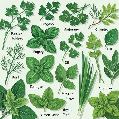 Collection of fresh green herbs for cooking and seasoning