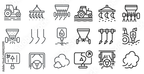 Agricultural equipment line icons set – farming, machinery, outline symbols