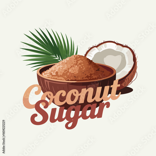 Natural coconut sugar in a bowl with fresh coconut and palm leaf