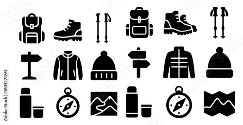 Hiking and camping icons set – silhouette, outdoor, adventure symbols