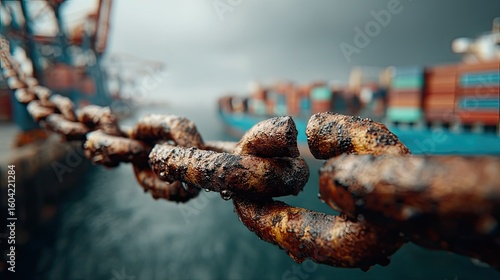 Broken chain at shipping port, trade link problem, global logistics issue, supply chain break, maritime commerce