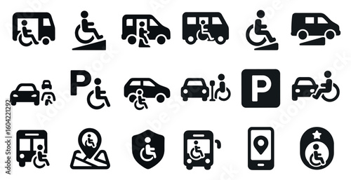 Accessibility and transportation icons set – solid, silhouette, mobility and parking