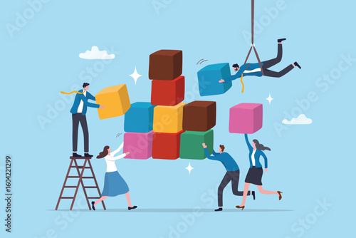 Build business framework, teamwork help development growth, improvement process or planning together, help or support team concept, business people help build framework block growing structure.