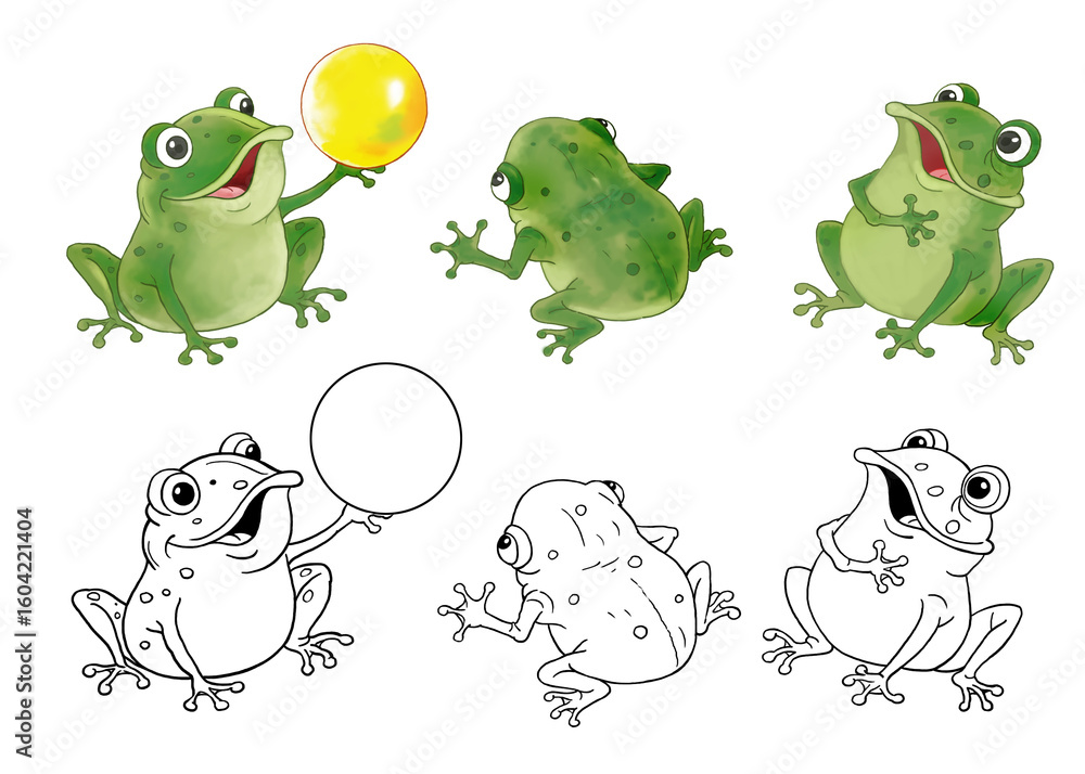 Fototapeta premium The Frog Prince. Fairy tale. Coloring page. Illustrations for children. Cute and funny cartoon characters isolated on white background