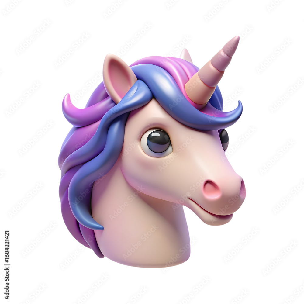 Cute cartoon unicorn head with purple and blue mane isolated on transparent background Cute cartoon unicorn head with purple and blue mane isolated on transparent background