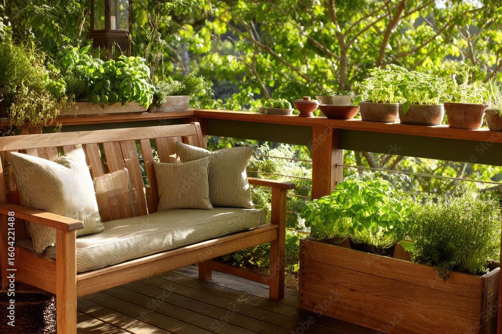 Wooden bench on a sunlit porch with potted herbs Wooden bench on a sunlit porch with potted herbs